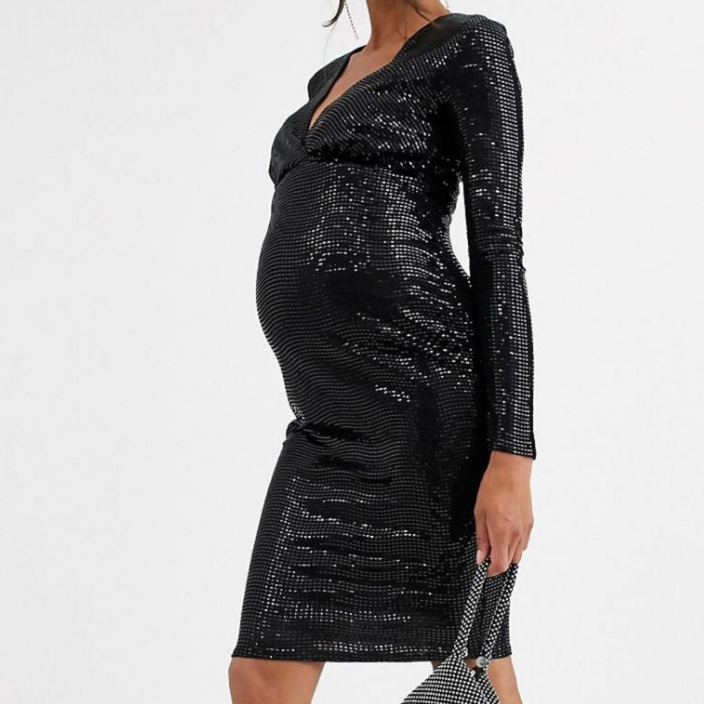 Maternity Dress - Black Sequin, Long Sleeve